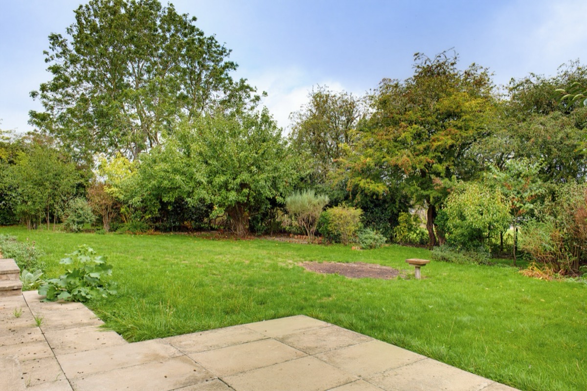 Large rear garden with lawn and mature trees