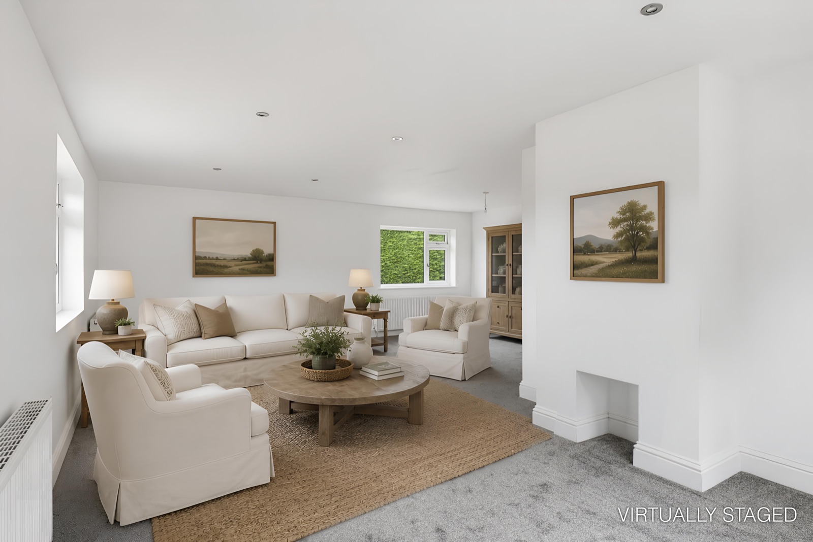 Living room, virtually staged with sofas, armchairs and a coffee table